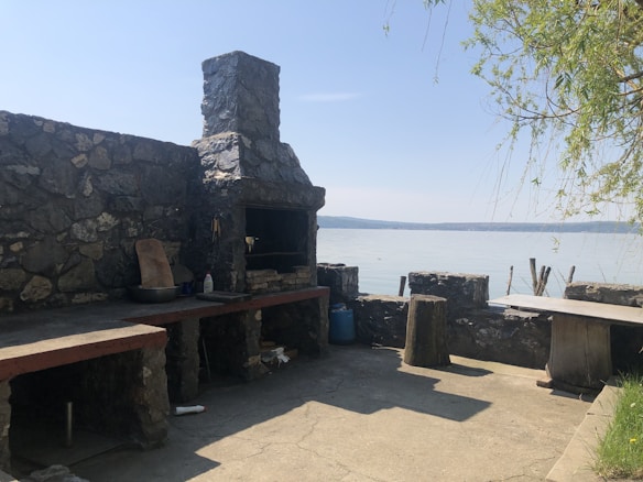A rustic outdoor patio area with a stone grill built into a rock wall. It overlooks a calm body of water and features a couple of wooden stumps and a long wooden bench. There's a tree with branches hanging over the scene, and miscellaneous items such as a bowl and a bottle on the grill counter.