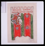A banner featuring a medieval-style shield and coat of arms with a lion holding a flag. The banner has a red and green background, and the text at the top reads 'NATIONAL UNION OF WOMEN'S SUFFRAGE SOCIETIES.' The top edge of the banner is crenellated, resembling a castle wall.