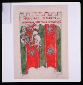 A banner featuring a medieval-style shield and coat of arms with a lion holding a flag. The banner has a red and green background, and the text at the top reads 'NATIONAL UNION OF WOMEN'S SUFFRAGE SOCIETIES.' The top edge of the banner is crenellated, resembling a castle wall.