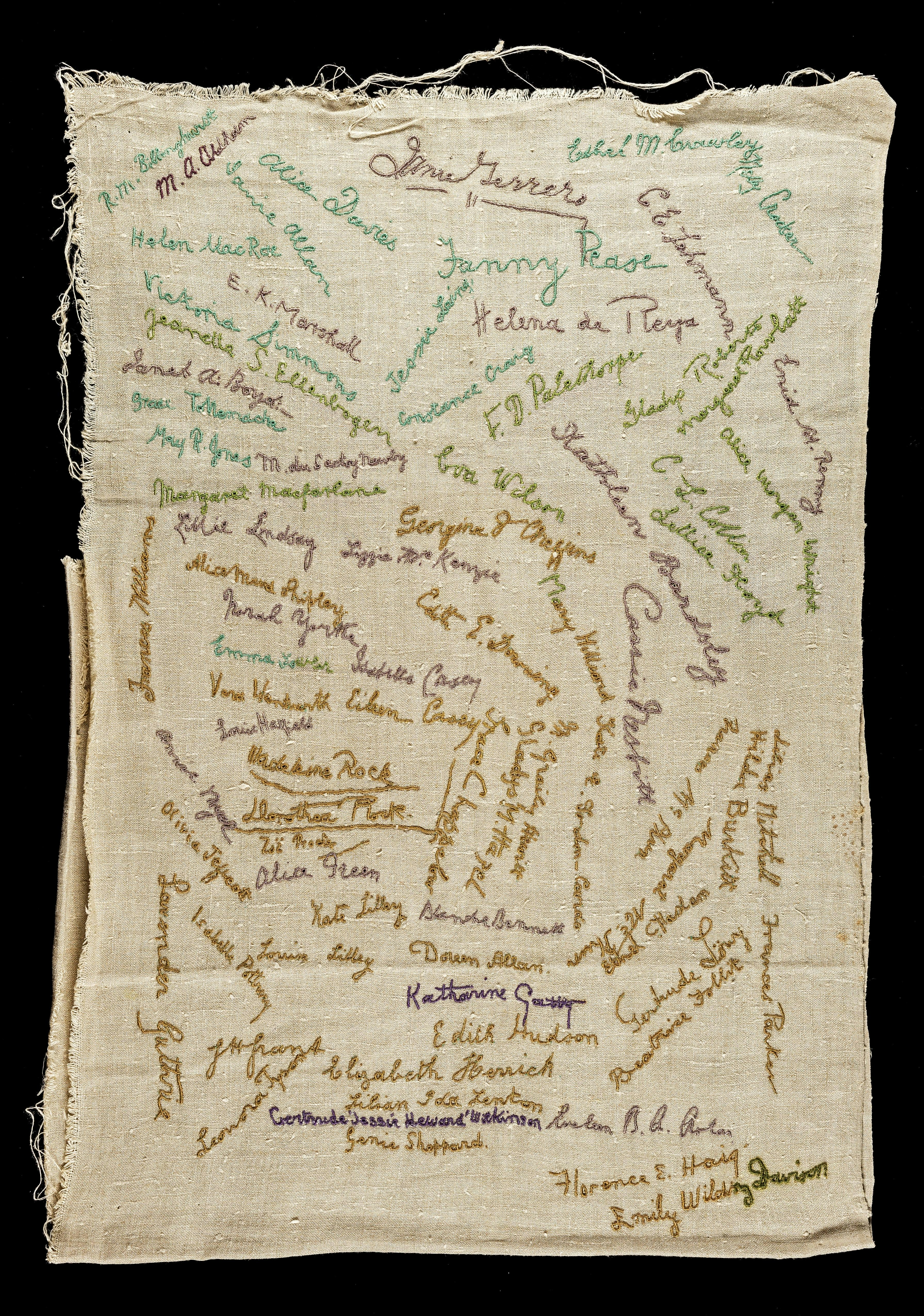 Cloth with suffragettes' signatures.<br />TWL.2012.24