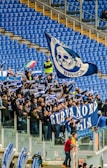 Fans cheering in the stands wearing team colors during a game.