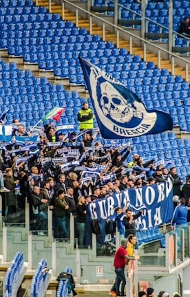 Fans cheering in the stands wearing team colors during a game.