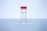 A clear glass vial with a red cap is centered in the image. A label on the vial reads '2019-NCOV'. The background is a soft gradient of blue, giving it a sterile and clinical atmosphere.
