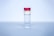 A clear glass vial with a red cap is centered in the image. A label on the vial reads '2019-NCOV'. The background is a soft gradient of blue, giving it a sterile and clinical atmosphere.