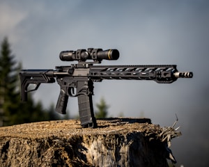 A modern rifle with a scope is positioned on top of a large tree stump. The background features an out-of-focus view of trees under a clear sky, giving the image an outdoor setting.