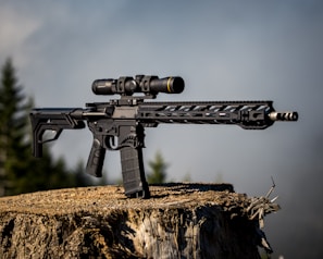 A modern rifle with a scope is positioned on top of a large tree stump. The background features an out-of-focus view of trees under a clear sky, giving the image an outdoor setting.