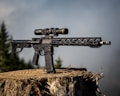 A modern rifle with a scope is positioned on top of a large tree stump. The background features an out-of-focus view of trees under a clear sky, giving the image an outdoor setting.