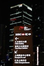 A nighttime cityscape features tall buildings, prominently displaying the logos of international banks such as HSBC and Citi, with bright lights and text guiding visitors to various locations including the HSBC Building and the Ritz-Carlton.