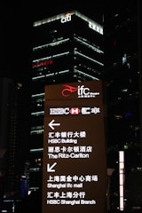 A nighttime cityscape features tall buildings, prominently displaying the logos of international banks such as HSBC and Citi, with bright lights and text guiding visitors to various locations including the HSBC Building and the Ritz-Carlton.