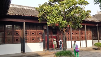 A traditional building with intricate wooden lattice windows and a sloped tiled roof stands in a sunlit courtyard. A large tree with green leaves provides shade, and a few people are walking near the entrance, wearing casual clothing.
