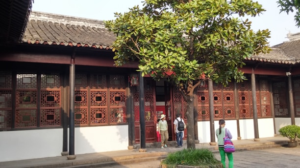 A traditional building with intricate wooden lattice windows and a sloped tiled roof stands in a sunlit courtyard. A large tree with green leaves provides shade, and a few people are walking near the entrance, wearing casual clothing.