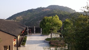 Peaceful monastery courtyard under bright daylight, showing serene atmosphere