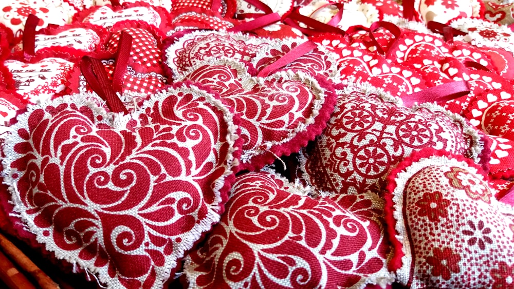 red and white floral textile