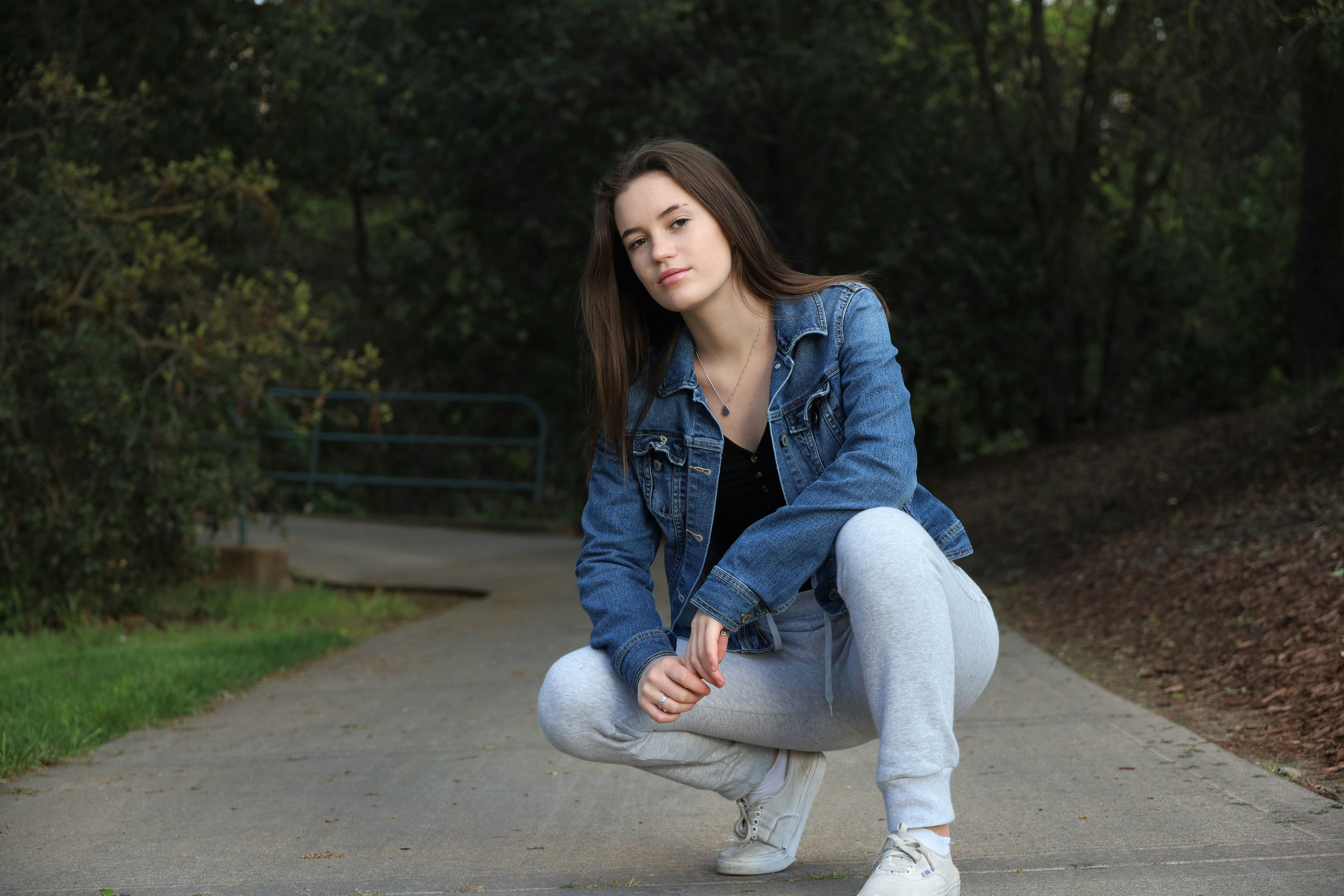 jean jacket with gray pants
