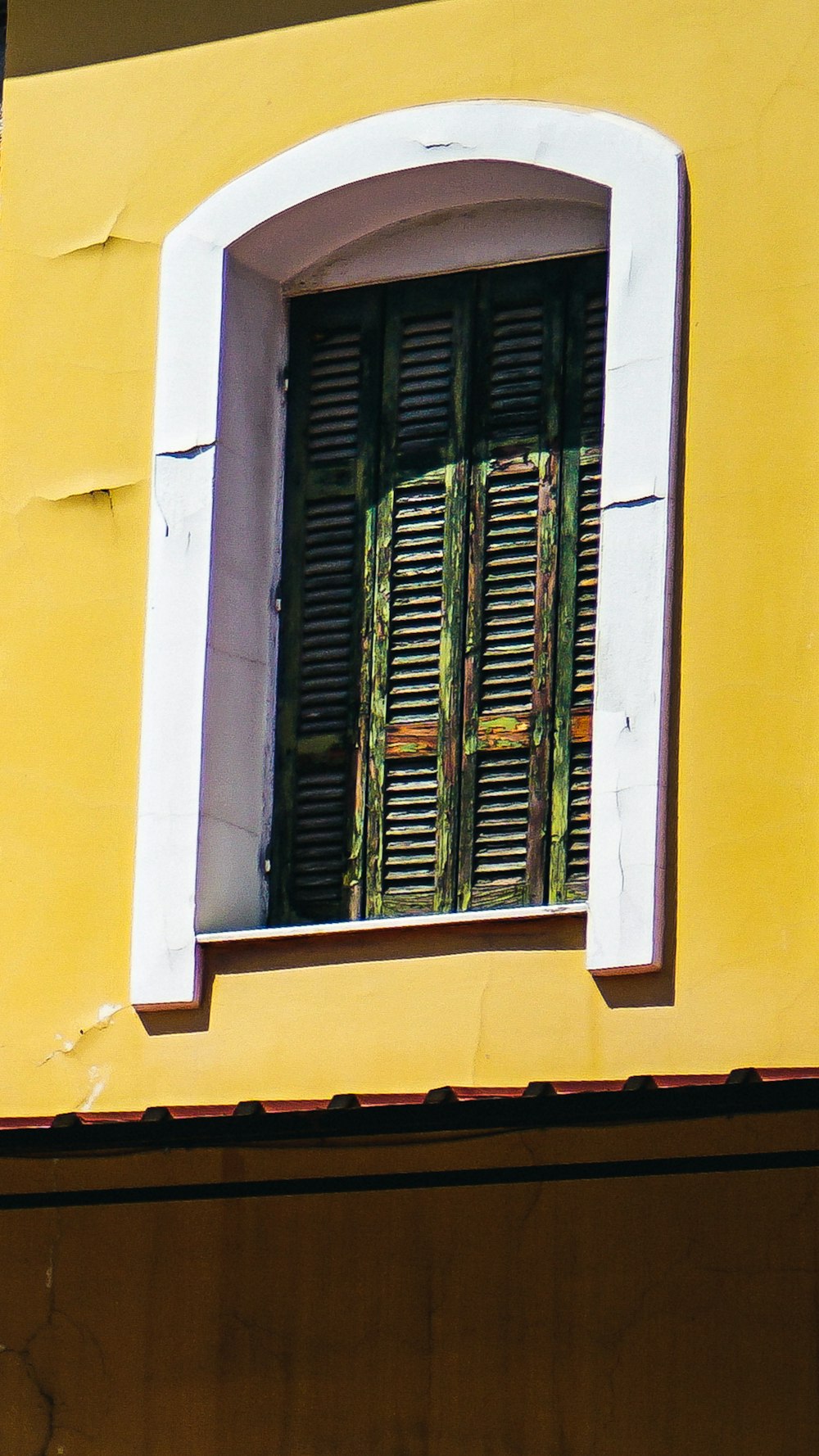 노란색 콘크리트 벽에 녹색 나무 창
