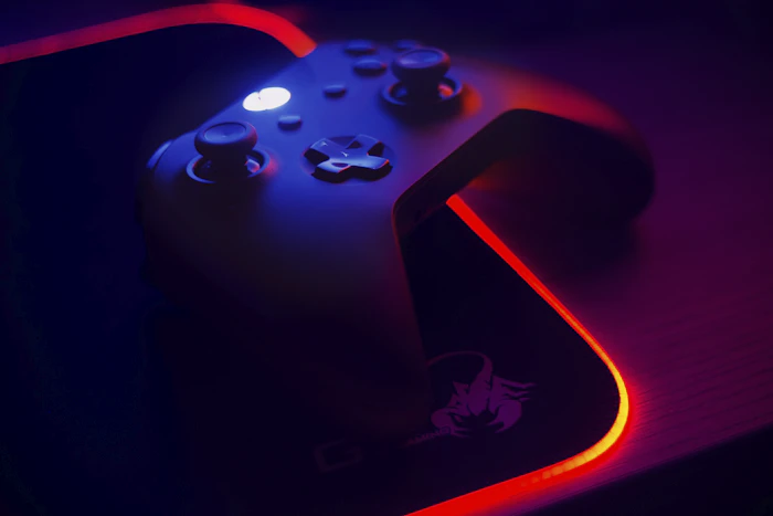 Black game controller close up