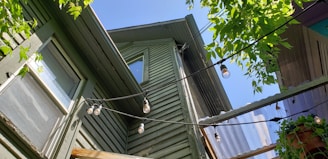 black and white light bulb on green wooden roof