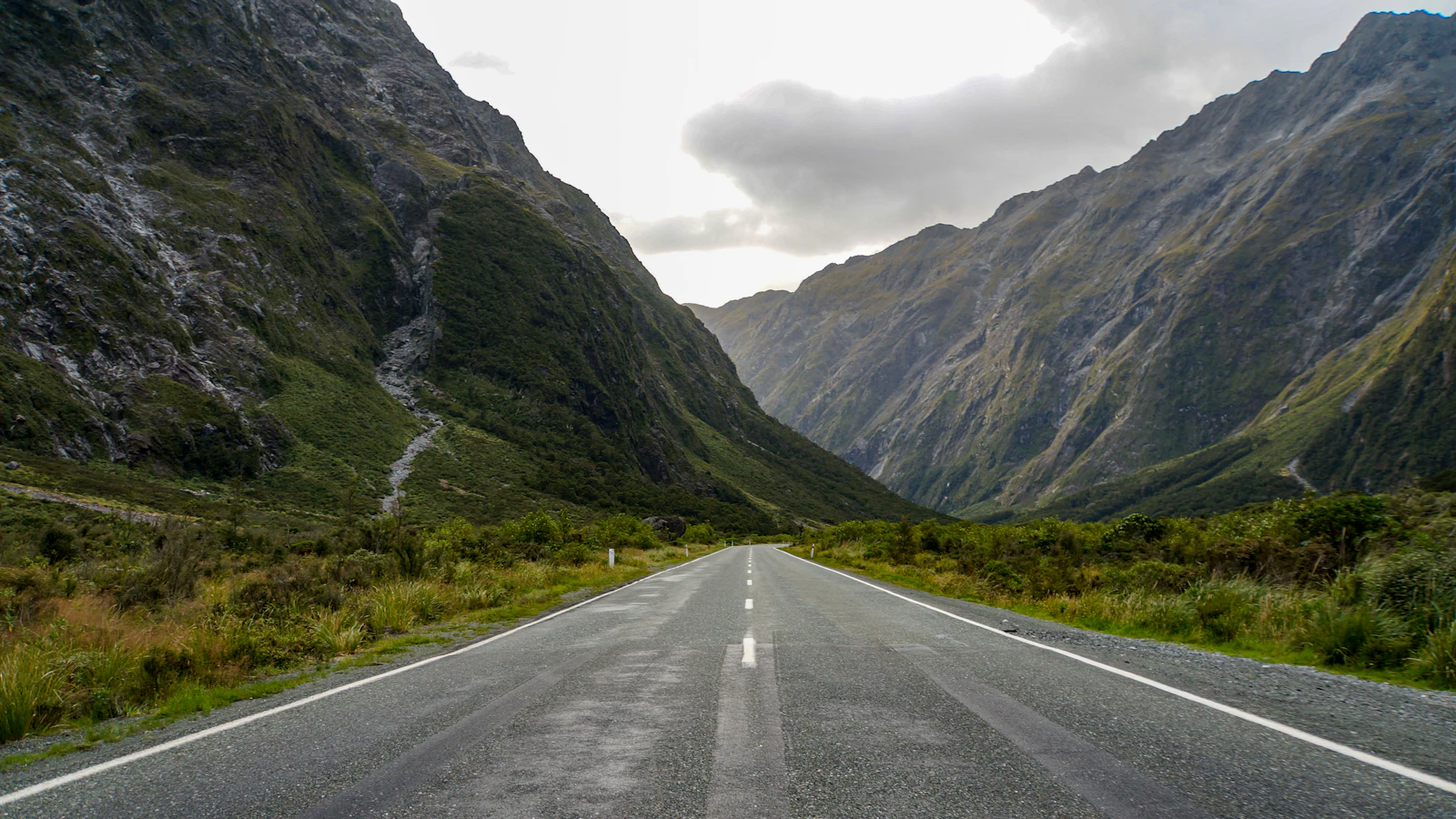 A road approaches the dramatic mountains around Milford Sound