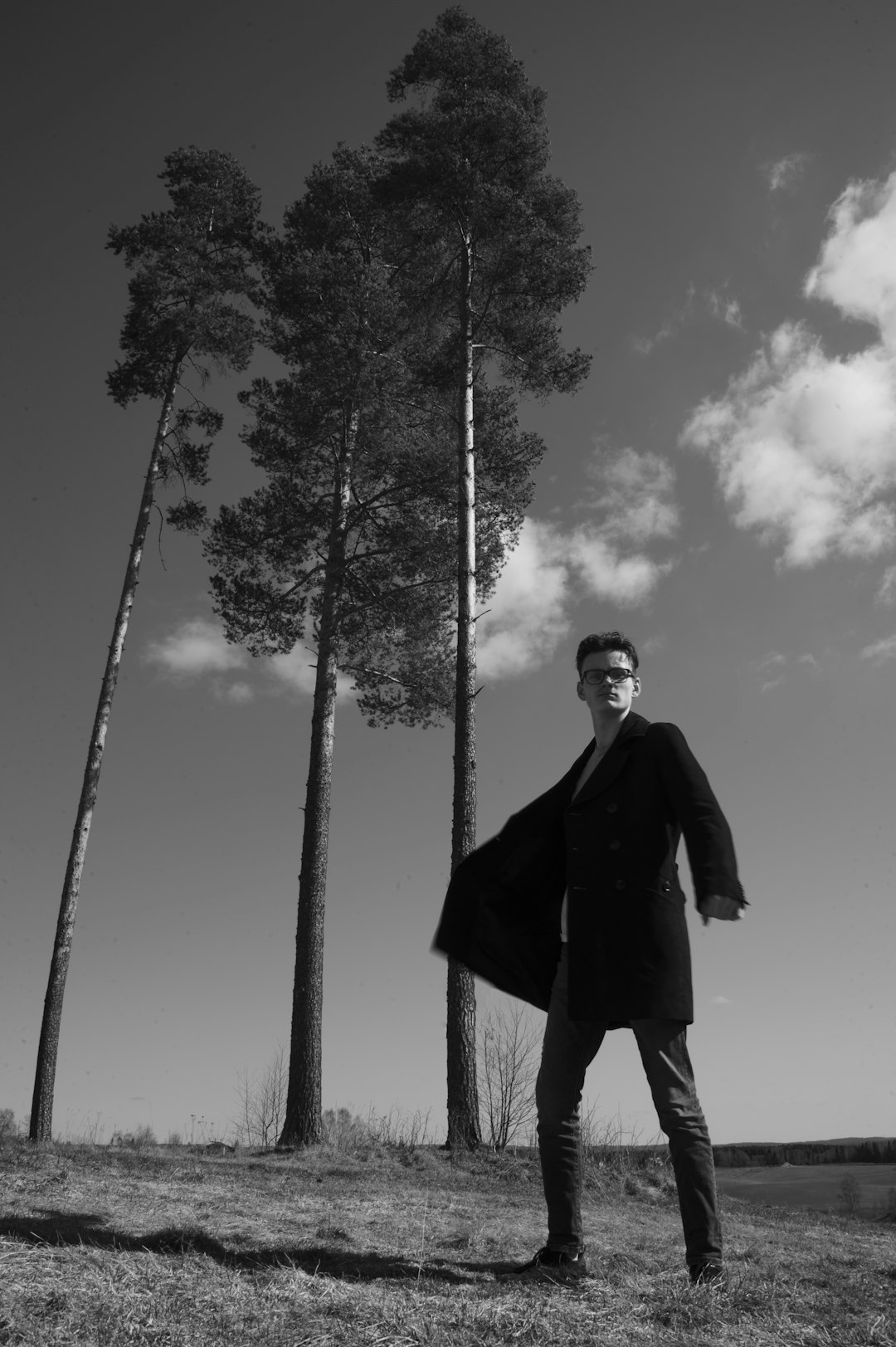 man in black suit standing on tree branch