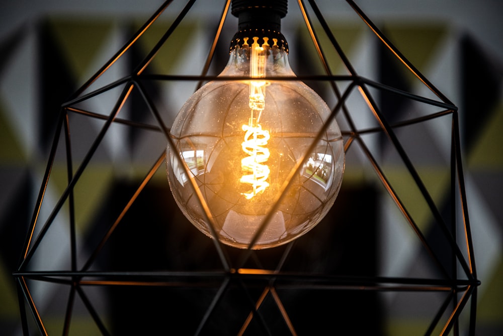 a light bulb that is inside of a wire structure