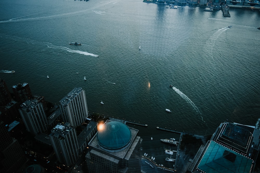 aerial view of city buildings near body of water during daytime