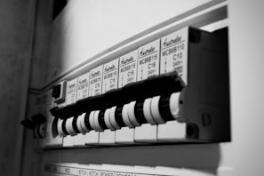 A close-up view of an electrical circuit breaker panel featuring multiple labeled toggle switches. Each switch has labels with details such as voltage and circuit specifications. The panel is monochrome, highlighting the structural design and text.