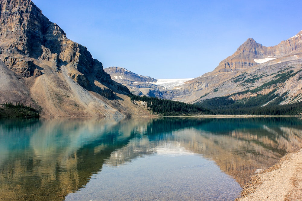 lake near brown mountain under blue sky during daytime