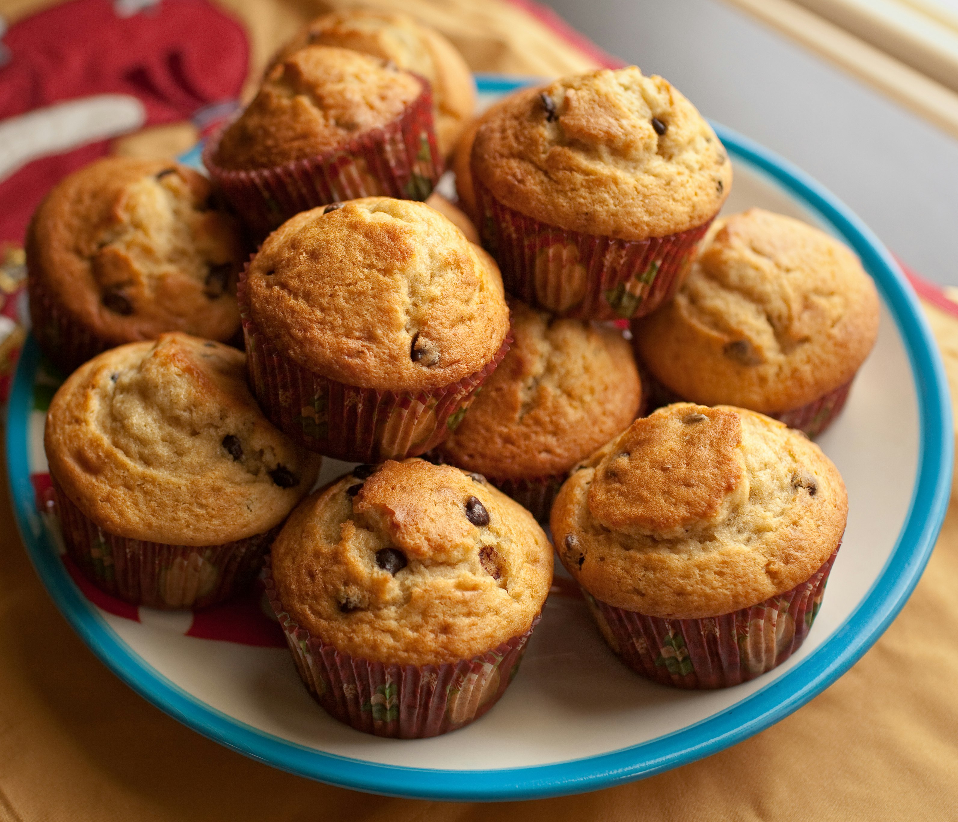 brown cupcakes on blue and white ceramic plate