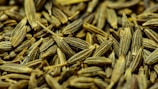 A close-up of turmeric and cumin seeds in natural light.