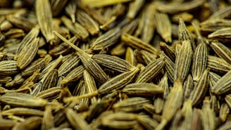 A close-up shot of cumin seeds, displaying their detailed texture and elongated shape. The seeds are light brown with distinct ridges, tightly packed together, and overlapping in a random manner.