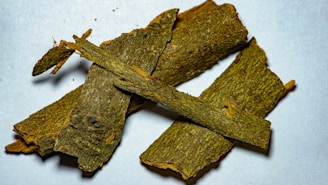 Close-up of Terminalia arjuna bark pieces arranged on a natural wooden surface with soft lighting.