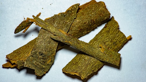 Close-up of Terminalia arjuna bark pieces arranged on a natural wooden surface with soft lighting.