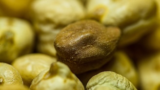 An extreme close-up view of chickpeas, showcasing their textured surfaces with a clear focus on one central brown chickpea among several lighter-colored ones in the background.