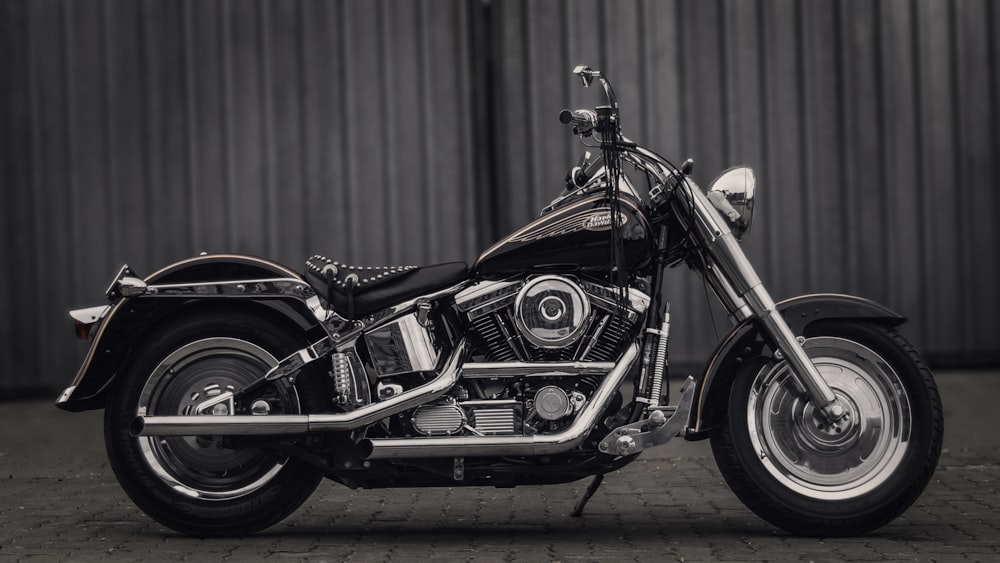 grayscale photo of cruiser motorcycle