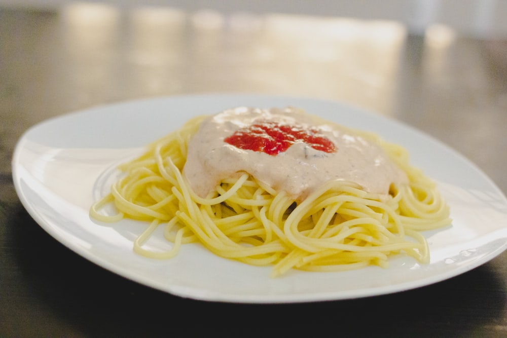 pasta dish on white ceramic plate