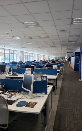 white and blue office rolling chairs