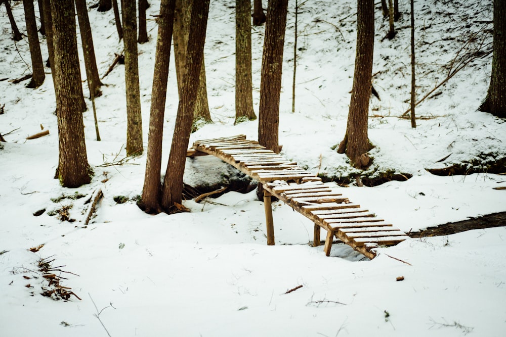 Pont en bois brun sur un sol enneigé