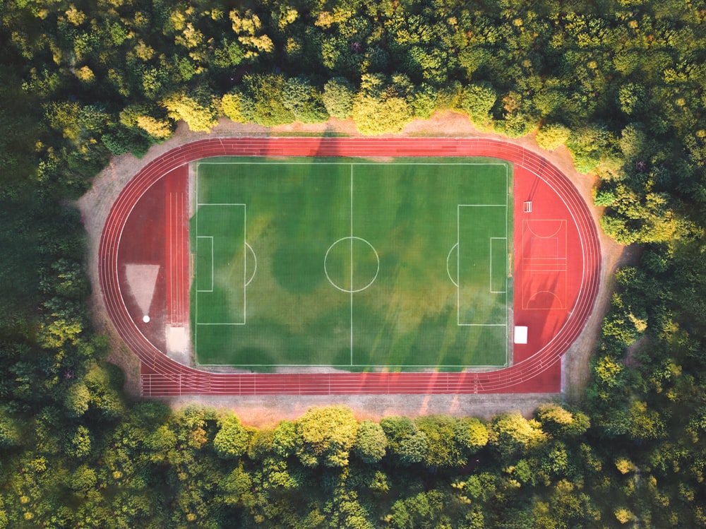 aerial view of soccer field surrounded by trees