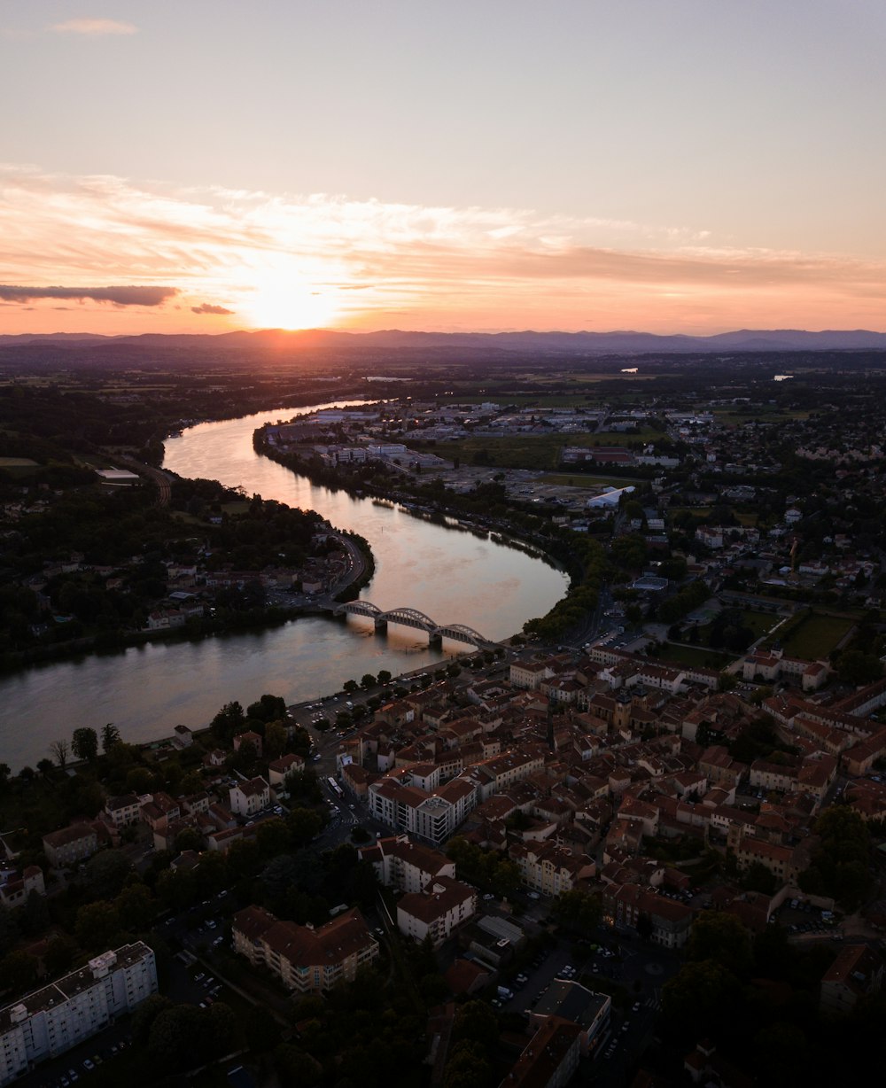 aerial view of city during sunset