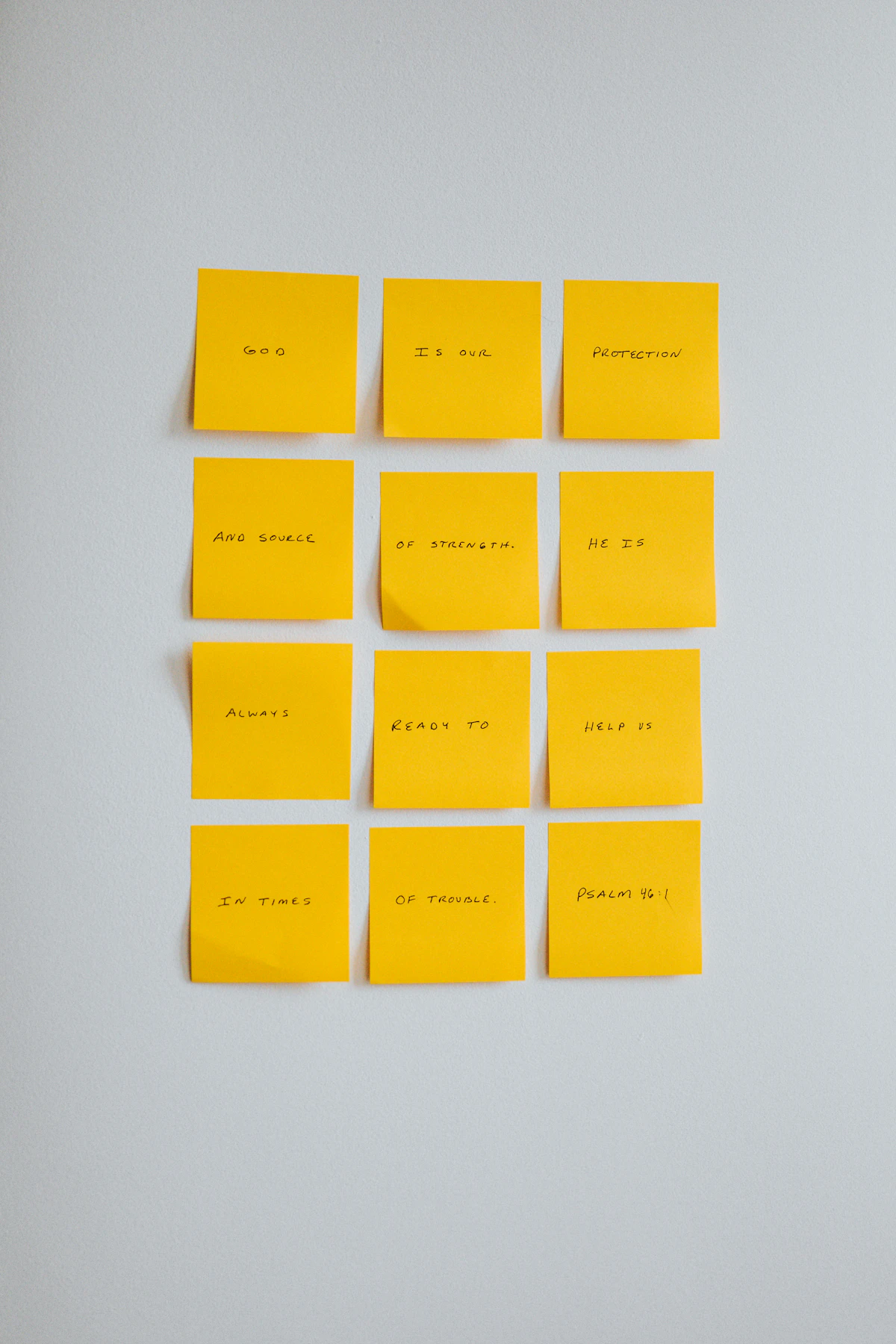 Yellow sticky notes on white wall