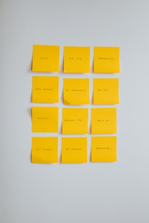 Twelve yellow sticky notes are arranged in a grid on a light gray wall. Each note contains a part of a message written in black ink, which together form a religious or inspirational quote.