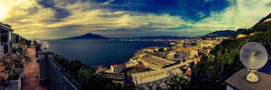 Panoramic view of Mount Vesuvius from a hilltop garden in Naples