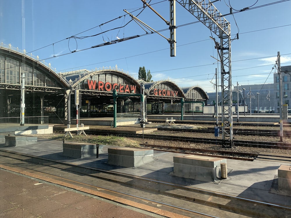 red and white train station