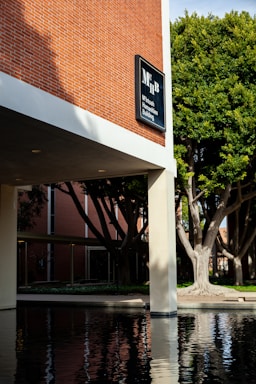 A modern building with a brick facade labeled 'McIntosh Humanities Building.' It has large concrete pillars and a reflective pool of water in the foreground. Tall green trees provide shade, and the scene is calm and serene.