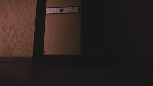 A dimly lit interior scene featuring a decorative wall with patterned wallpaper and a mirror. The mirror has a dark wooden frame with reflective properties, partially showing the wall pattern. Two floral motifs are visible above the mirror's reflective surface.
