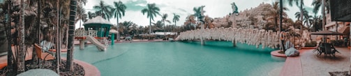 A sunlit view of the lagoon-style pool with children playing safely in the shallow beach-entry area surrounded by lush tropical palms.