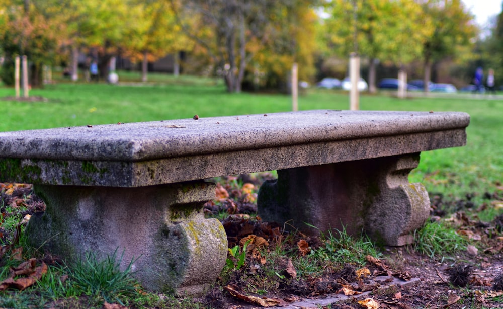 brown concrete bench on green grass field during daytime