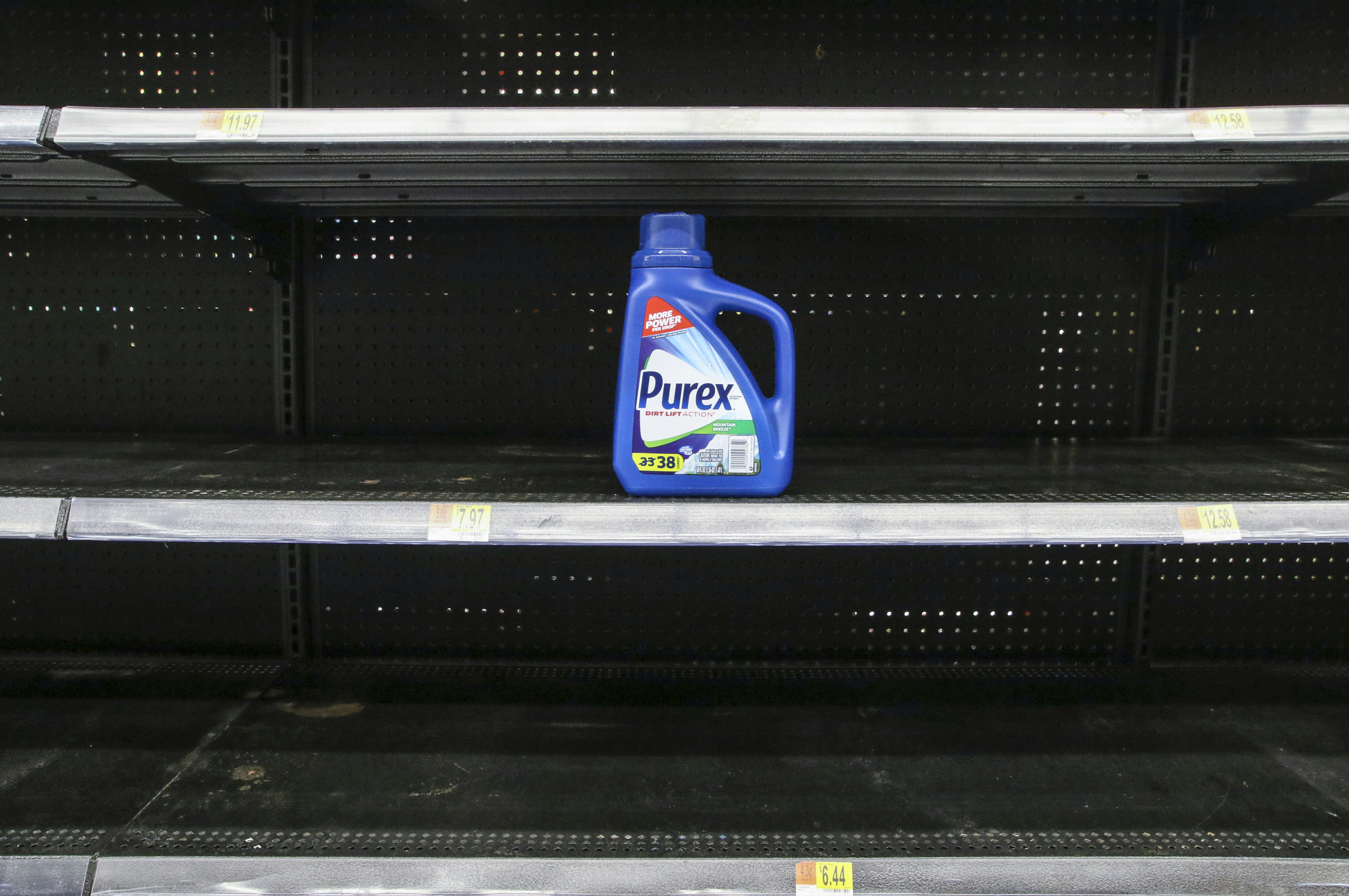 blue and white plastic bottle, So many items are barely present during this coronavirus shortage in grocery stores.