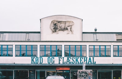 A building with a facade featuring large blue-framed windows and a sign in bold, blue letters that reads 'K&oslash;d og Fl&aelig;skehal'. Above the sign, there is a relief sculpture of a bull on the wall.