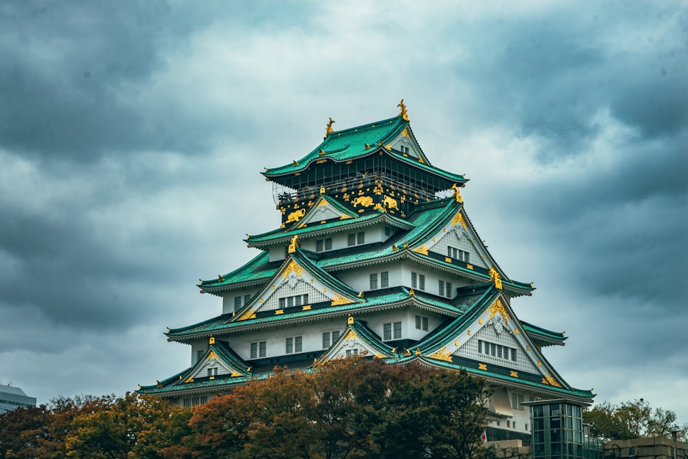 green and gold temple under cloudy sky